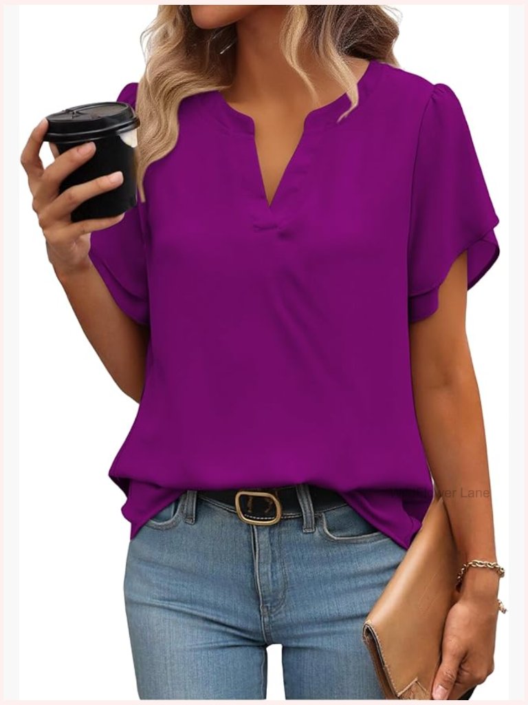 Womens Short Sleeve V Neck Blouse Flowy Work Top Petal Sleeve